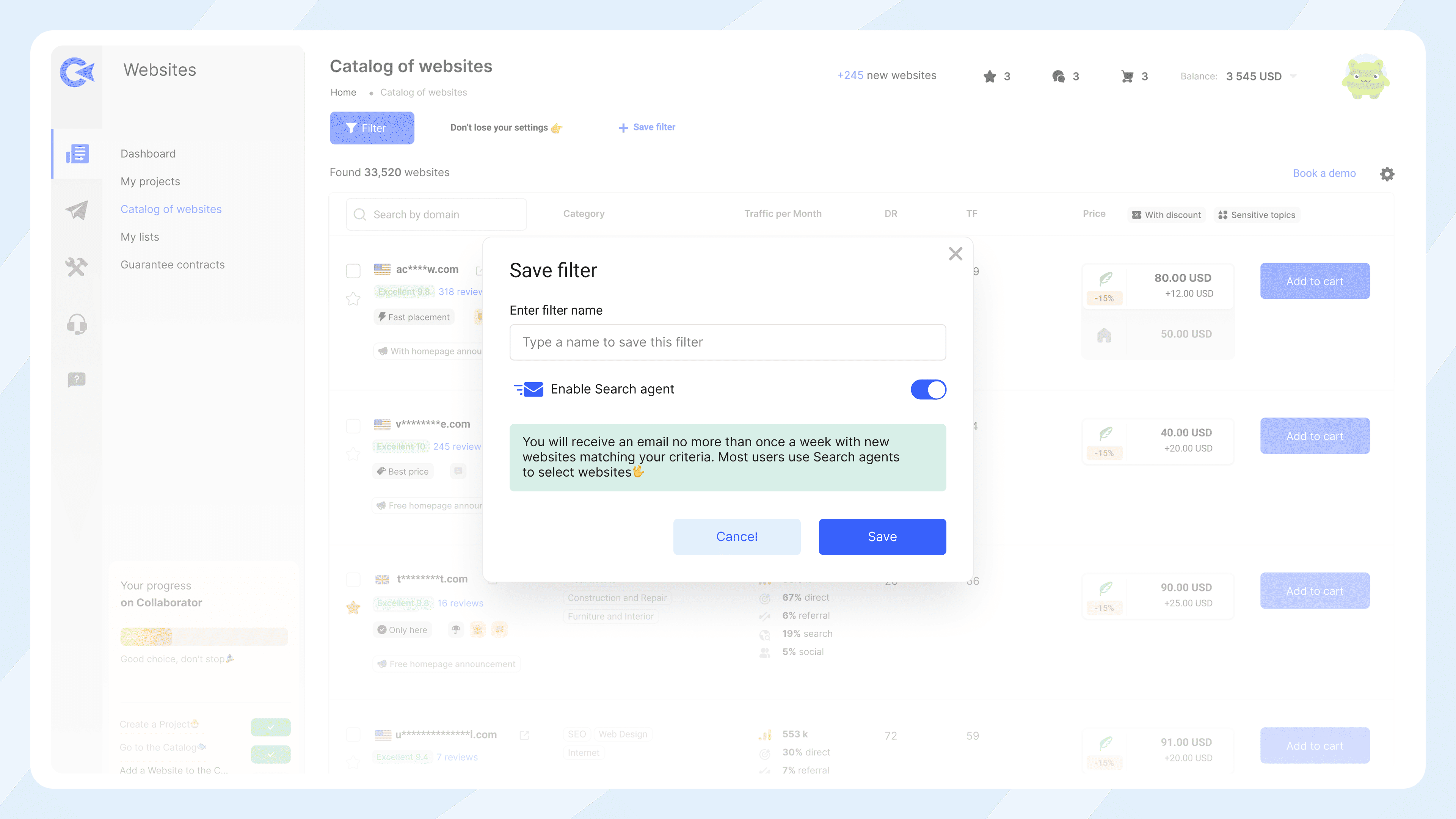 Collaborator website catalog with "Save filter" modal open, allowing users to name the filter and enable Search Agent for weekly email updates on matching websites